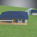 Detached Villa With Dark Blue Roof Large Windows Wooden Porch Green Lawn Pathway