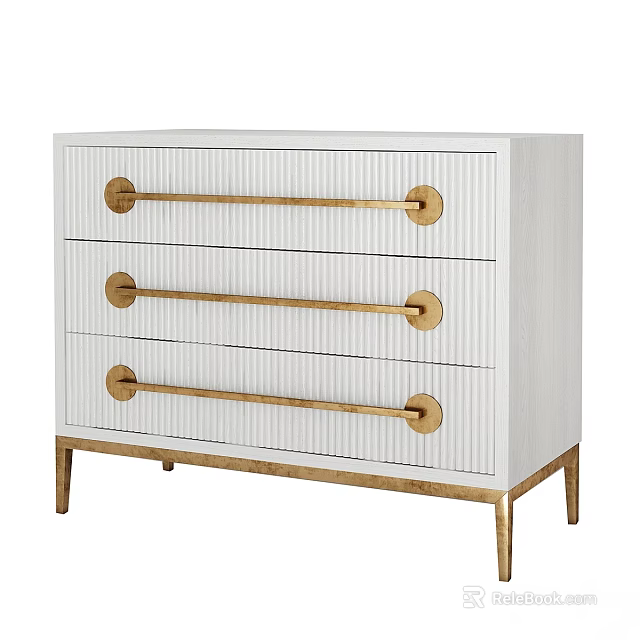 Elegant White Chest of Drawers With Gold Long Handles And Metal Legs 3d model 