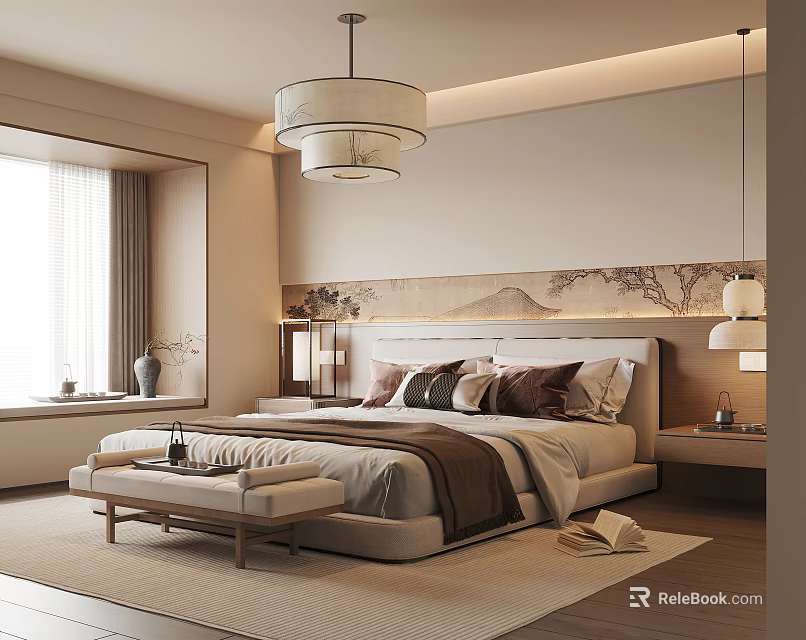 Modern Bedroom Interior Design With Chandelier Mountain Painting Bed Bench And Window Curtains 3d model 