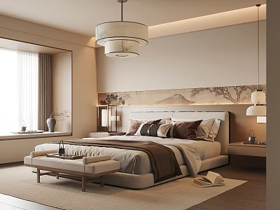Modern Bedroom Interior Design With Chandelier Mountain Painting Bed Bench And Window Curtains 3d model