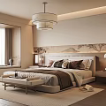 Modern Bedroom Interior Design With Chandelier Mountain Painting Bed Bench And Window Curtains