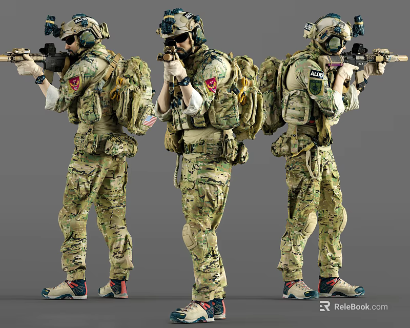 Men In Camouflage Military Uniforms With Backpacks Holding Rifles In Tactical Poses 3d model 