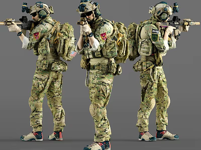 Men In Camouflage Military Uniforms With Backpacks Holding Rifles In Tactical Poses 3d model