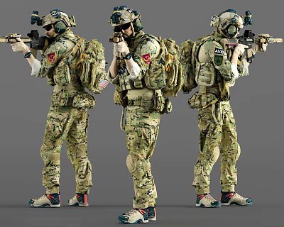 Men In Camouflage Military Uniforms With Backpacks Holding Rifles In Tactical Poses 3d model