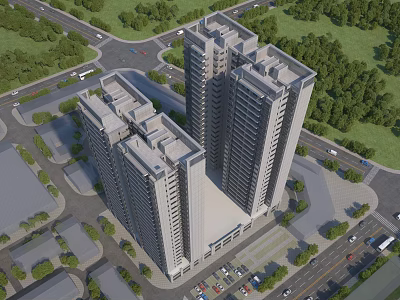Modern High Rise Residential Buildings Surrounded By Greenery Roads And Parking Area 3d model
