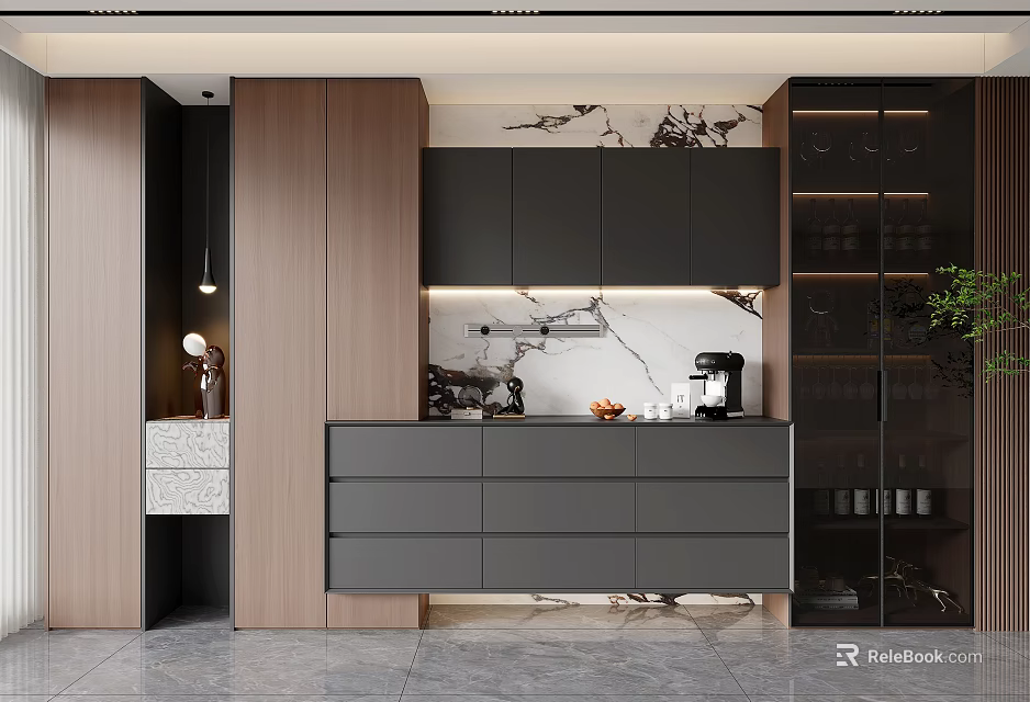 Modern Stylish Sideboard With Wooden Cabinets Drawers And Marble Backsplash Design 3d model 