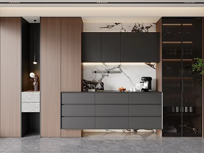Modern Stylish Sideboard With Wooden Cabinets Drawers And Marble Backsplash Design 3d model