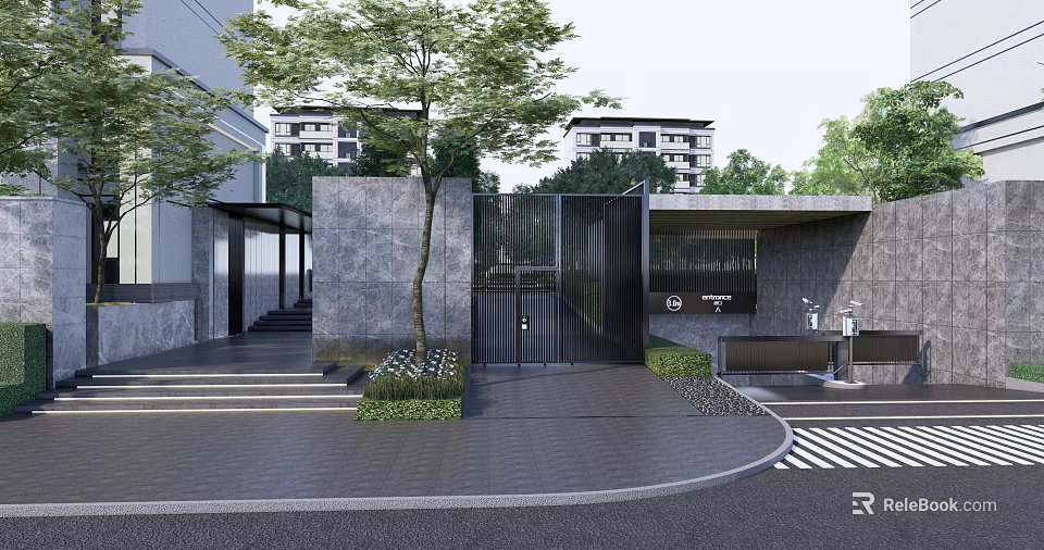 Modern Entrance Gate Design With Stone Facade Glass Panels Trees Steps And Greenery 3d model 