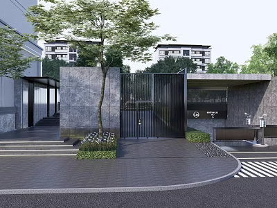 Modern Entrance Gate Design With Stone Facade Glass Panels Trees Steps And Greenery 3d model