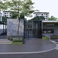 Modern Entrance Gate Design With Stone Facade Glass Panels Trees Steps And Greenery