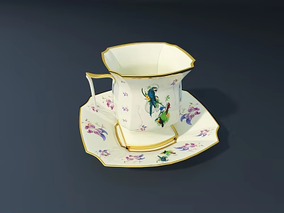 Elegant Porcelain Tea Set With Gold Trim And Floral Bird Patterns 3d model