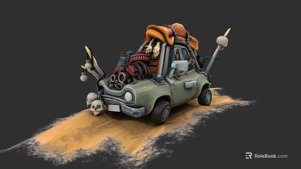 Vintage Modified Car With Skulls Backpacks And Weapons On Sandy Ground 3d model 