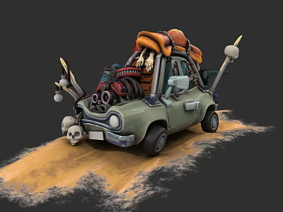 Vintage Modified Car With Skulls Backpacks And Weapons On Sandy Ground 3d model