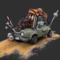 Vintage Modified Car With Skulls Backpacks And Weapons On Sandy Ground