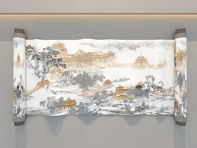 Chinese Style Scroll With Traditional Landscape Painting And Ancient Architecture 3d model