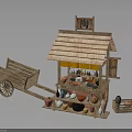 Traditional Pottery Stall With Straw Roof Wooden Cart And Ceramic Vases Jars