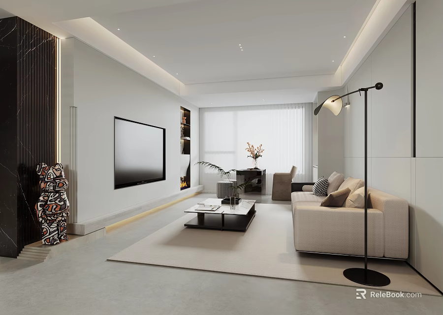 Minimalist Modern Living Dining Room Interior Design With Beige Sofa And Black Floor Lamp 3d model 