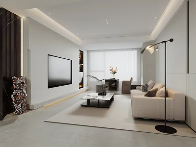 Minimalist Modern Living Dining Room Interior Design With Beige Sofa And Black Floor Lamp 3d model