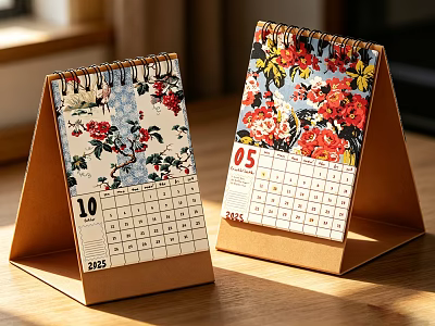 Floral Pattern Decorative Desk Calendar Ornament Set With Triangular Stand 2025 Date 3d model