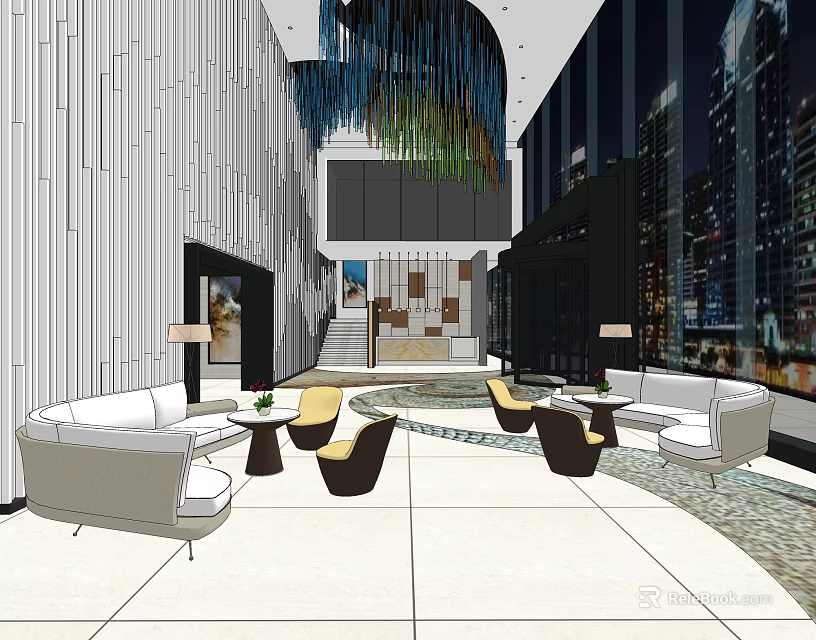 Modern Hotel Lobby Interior With Comfortable Sofas Chairs Large Windows And City View 3d model