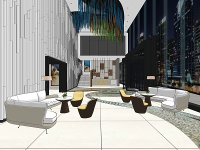 Modern Hotel Lobby Interior With Comfortable Sofas Chairs Large Windows And City View 3d model