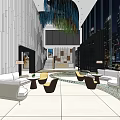 Modern Hotel Lobby Interior With Comfortable Sofas Chairs Large Windows And City View 3d model