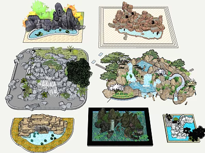 Various Garden Miniature Designs with Rockery Water Features Plants and Pond Layouts 3d model