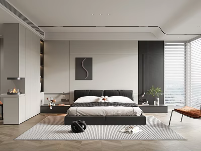 Modern Bedroom Interior Design With Platform Bed Abstract Painting And Area Rug 3d model