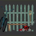 Colorful Outdoor Garden Scene With Green Fence Bicycle Bench Red Lawnmower And Shovel