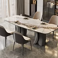 Modern Dining Table Set With Marble Tabletop Grey Chairs And Natural Light From Large Windows 3d model