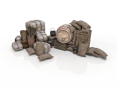 Modern Storage Display Featuring Stacked Sacks Clay Pots Wooden Barrel And Crates 3d model