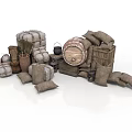 Modern Storage Display Featuring Stacked Sacks Clay Pots Wooden Barrel And Crates