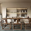 Traditional Chinese Tea Room Interior Design With Wooden Table Chairs And Tea Sets On Shelves