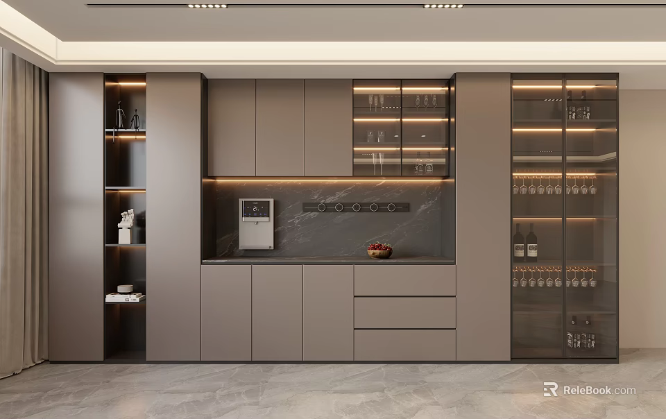 Modern Luxury Sideboard With Gray Cabinets Glass Doors And LED Strip Lights 3d model 