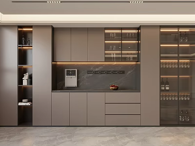 Modern Luxury Sideboard With Gray Cabinets Glass Doors And LED Strip Lights 3d model