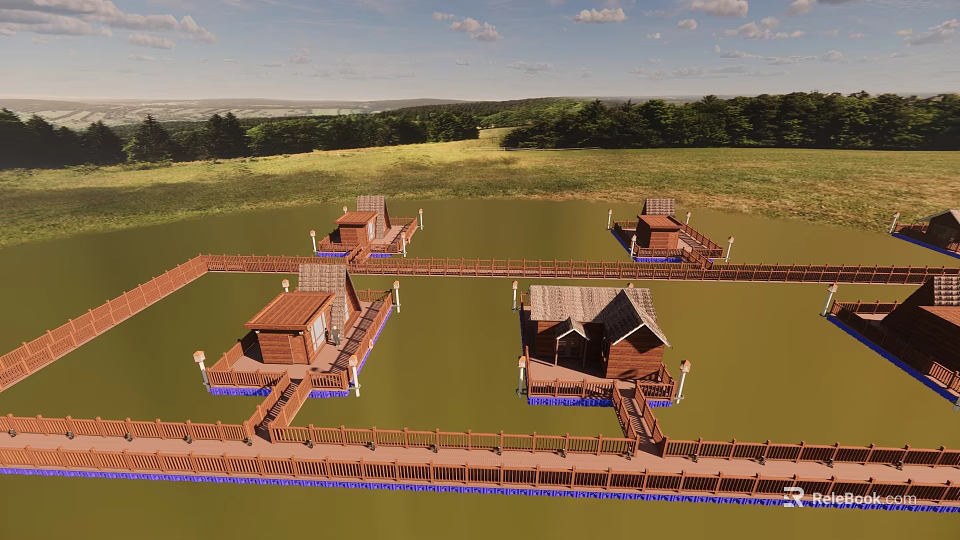 Scenic Wooden Houses on Water Connected by Wooden Walkways and Green Grass 3d model 