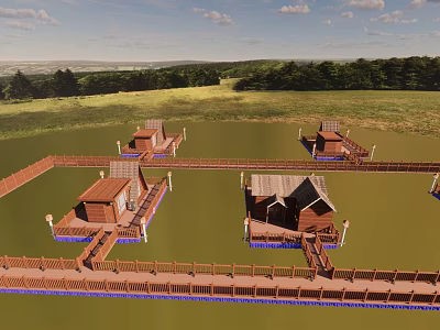 Scenic Wooden Houses on Water Connected by Wooden Walkways and Green Grass 3d model