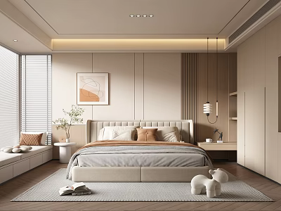 Modern Bedroom Interior Design With Neutral Tones King Size Bed Accent Painting And Pendant Lights 3d model