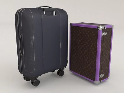 Dark Blue Modern Luggage With Wheels And Brown Vintage Case With Purple Trim 3d model