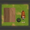 Cute Orange White Dog Standing Near Wooden Dog House With Green Bowl And Bone