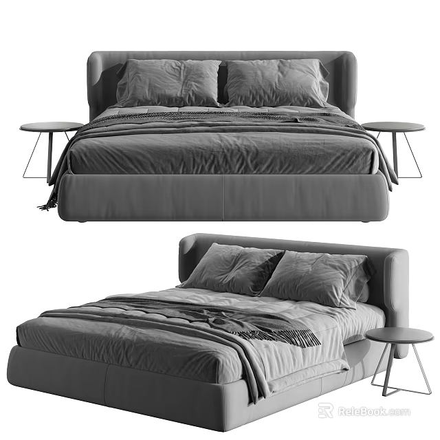 Modern Gray Double Bed Frame With Pillows Bedspread And Side Tables 3d model
