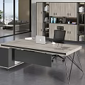 Modern Office Desk With Wooden Top Metal Legs Laptop And City View