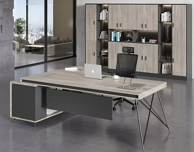 Modern Office Desk With Wooden Top Metal Legs Laptop And City View 3d model