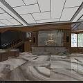 Modern Sales Office Interior Design With Wooden Decor Ceiling Lights Sofas Bookshelves And Windows