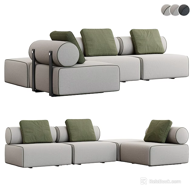 Modern Gray Sectional Sofa With Green Cushions And Modular Design 3d model