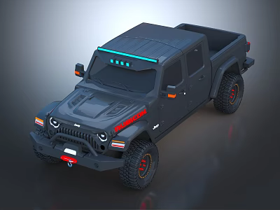Black Pickup Truck With Roof LED Light Bar And Off Road Style Large Tires 3d model
