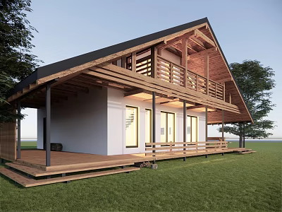 Modern Boutique Guesthouse Building With Gabled Roof Wooden Deck And Grass Lawn 3d model