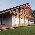 Modern Boutique Guesthouse Building With Gabled Roof Wooden Deck And Grass Lawn