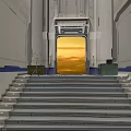 Futuristic Indoor Structure With Stairs Glowing Door Metallic Walls And Crates