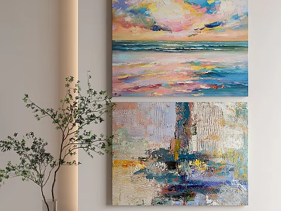 Two Colorful Abstract Paintings With Textured Surfaces Ocean Sunset Themes For Home Wall Art 3d model
